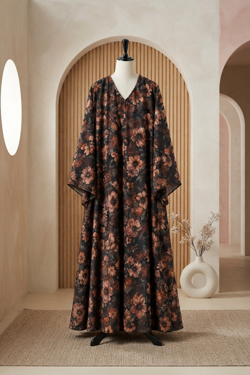 Black Brown Floral Abaya